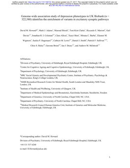 Genome-Wide Association Study of Depression Phenotypes in UK Biobank (N = 322,580) Identifies the Enrichment of Variants in Excitatory Synaptic Pathways