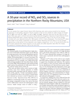 A 50-Year Record of Nox and SO2 Sources in Precipitation in the Northern Rocky Mountains, USA David L Naftz1*, Paul F Schuster2, Craig a Johnson3