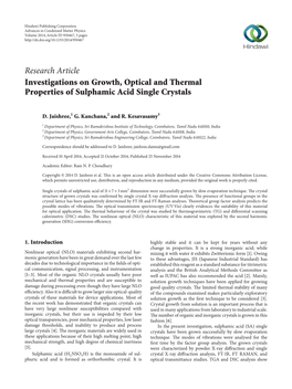 Investigations on Growth, Optical and Thermal Properties of Sulphamic Acid Single Crystals