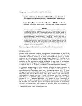 Spatial and Temporal Dimensions of Butterfly Species Diversity in Jahangirnagar University Campus and Its Suburbs, Bangladesh