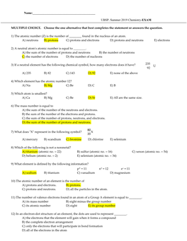 UBSP, Summer 2019 Chemistry-EXAM MULTIPLE