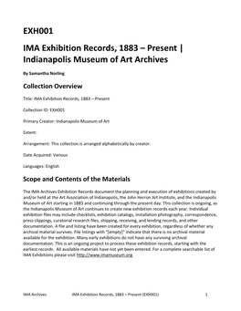 EXH001 IMA Exhibition Records, 1883 – Present | Indianapolis Museum of Art Archives