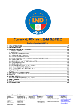 Comunicato Ufficiale N. 23Del 09/10/2020