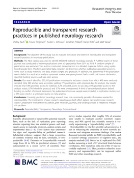Reproducible and Transparent Research Practices in Published Neurology Research Shelby Rauh1* , Trevor Torgerson1, Austin L