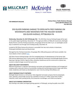 350 Oliver Parking Garage to Open with Free Parking on Weeknights and Weekends for the Holiday Season 350 Oliver Avenue, Pittsburgh Pa