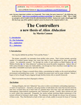 The Controllers a New Thesis of Alien Abduction by Martin Cannon