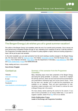 Contact Us the Bergen Energy Lab Wishes You All a Great Summer