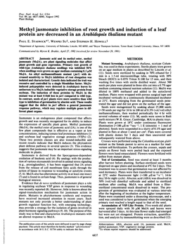 Methyl Jasmonate Inhibition of Root Growth and Induction of a Leaf Protein Are Decreased in an Arabidopsis Thaliana Mutant PAUL E