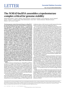 The NORAD Lncrna Assembles a Topoisomerase Complex Critical for Genome Stability Mathias Munschauer1*, Celina T