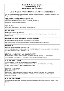 Scottish Parliament Election Thursday 6 May 2021 Mid Scotland and Fife Region
