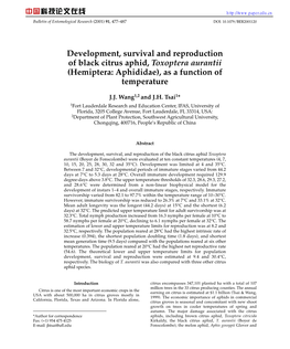 Development, Survival and Reproduction of Black Citrus Aphid, Toxoptera Aurantii (Hemiptera: Aphididae), As a Function of Temperature