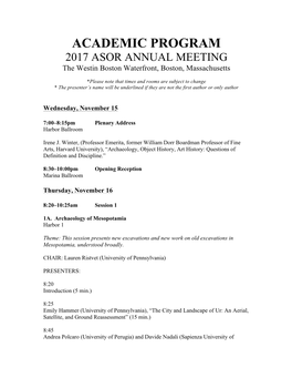 ACADEMIC PROGRAM 2017 ASOR ANNUAL MEETING the Westin Boston Waterfront, Boston, Massachusetts