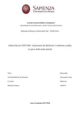 Andrea Sacchi 1639-1661: Il Patronato Dei Barberini, L’Ambiente Erudito, Le Opere Della Tarda Attività