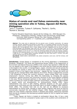 Status of Corals and Reef Fishes Community Near Mining Operation Site in Tubay, Agusan Del Norte, Philippines 1Jerry T