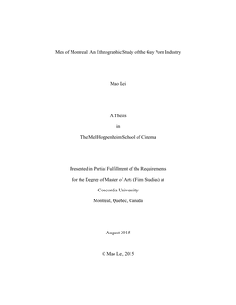 Men of Montreal: an Ethnographic Study of the Gay Porn Industry Mao