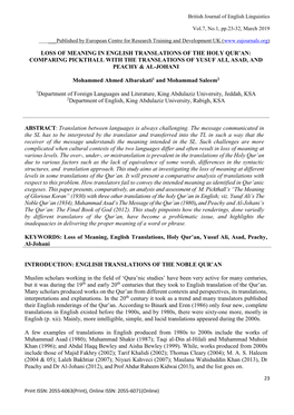 Loss of Meaning in English Translations of the Holy Qur’An: Comparing Pickthall with the Translations of Yusuf Ali, Asad, and Peachy & Al-Johani