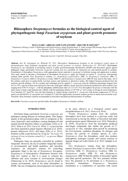 Rhizosphere Streptomyces Formulas As the Biological Control Agent of Phytopathogenic Fungi Fusarium Oxysporum and Plant Growth Promoter of Soybean