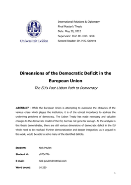 Dimensions of the Democratic Deficit in the European Union the EU’S Post-Lisbon Path to Democracy