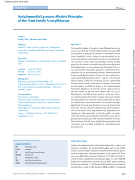 Antiplasmodial Lycorane Alkaloid Principles of the Plant Family Amaryllidaceae