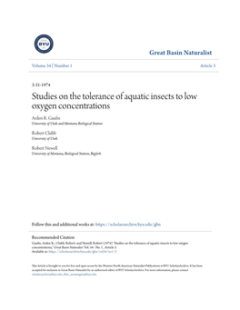 Studies on the Tolerance of Aquatic Insects to Low Oxygen Concentrations Arden R