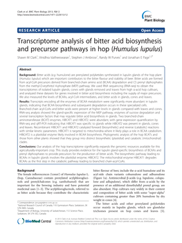 Transcriptome Analysis of Bitter Acid Biosynthesis and Precursor Pathways in Hop (Humulus Lupulus)