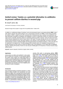 Invited Review: Tannins As a Potential Alternative to Antibiotics to Prevent Coliform Diarrhea in Weaned Pigs