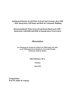 Immigrated Russian Jewish Elites in Israel and Germany After 1990 – Their Integration, Self Image and Role in Community Building