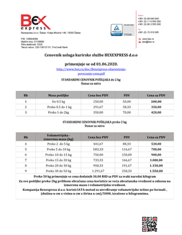 Cenovnik Usluga Kurirske Službe BEXEXPRESS D.O.O Primenjuje Se
