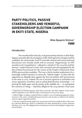 Party Politics, Passive Stakeholders and Vengeful Governorship Election Campaign in Ekiti State, Nigeria