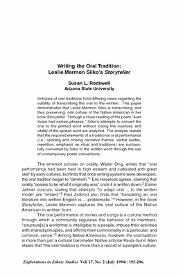 Writing the Oral Tradition: Leslie Marmon Silko's Storyteller