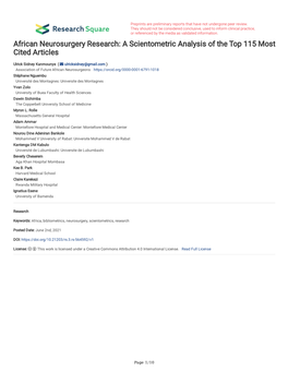 African Neurosurgery Research: a Scientometric Analysis of the Top 115 Most Cited Articles