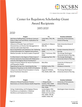 Center for Regulatory Scholarship Grant Award Recipients 2007-2020 2020