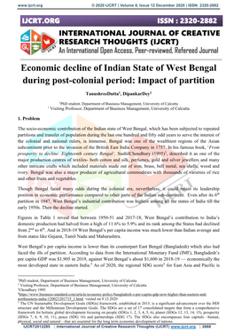 Economic Decline of Indian State of West Bengal During Post-Colonial Period: Impact of Partition