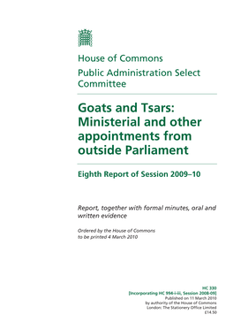 Goats and Tsars: Ministerial and Other Appointments from Outside Parliament