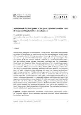 ZOOTAXA 81: 1-88 (2002) ISSN 1175-5326 (Print Edition) ZOOTAXA 81 Copyright © 2002 Magnolia Press ISSN 1175-5334 (Online Edition)