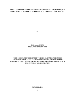 Local Government and the Delivery of Immunization Service: a Study of Selected Local Governments in Kaduna State, Nigeria