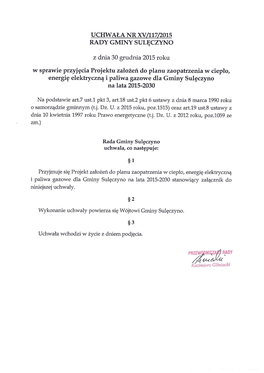 Projekt Założeń Do Planu Zaopatrzenia W Ciepło, Energię Elektryczną I Paliwa Gazowe Dla Gminy Sulęczyno 2015 –2030