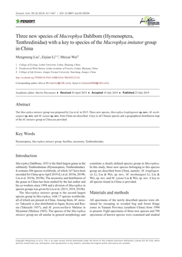 Three New Species of Macrophya Dahlbom (Hymenoptera, Tenthredinidae) with a Key to Species of the Macrophya Imitator Group in China