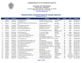 Massachusetts Licensed Property & Casualty Agencies COMMONWEALTH of MASSACHUSETTS DIVISION of INSURANCE