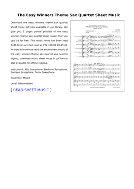 The Easy Winners Theme Sax Quartet Sheet Music