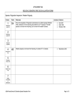 Region 2 Sensitive Species Evaluation Form