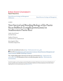 Nest Survival and Breeding Biology of the Puerto Rican Bullfinch (Loxigilla Portoricensis) in Southwestern Puerto Rico