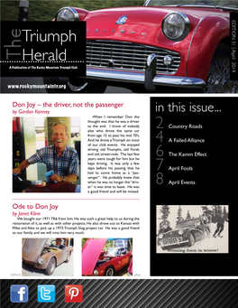 Triumph Herald #31 April 2014 Page 2 Events for Sale & Want Ads by Sharon Robinson for Sale for Sale Floor Pans for TR4, TR4A, TR5, TR6 Antique Gearshift Knobs