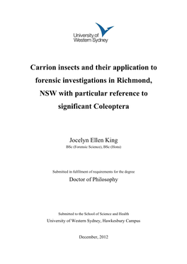 Carrion Insects and Their Application to Forensic Investigations in Richmond, NSW with Particular Reference to Significant Coleoptera