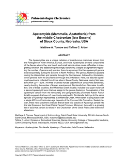 Late Eocene) of Sioux County, Nebraska, USA
