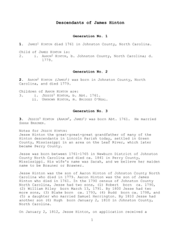 Descendants of James Hinton Died 1761 Johnston County, North Carolina