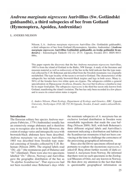 Andrena Marginata Nigrescens Aurivillius (Sw. Gotländskt Guldsandbi), a Third Subspecies of Bee from Gotland (Hymenoptera, Apoidea, Andrenidae)