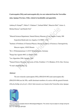 (NH4) and Cuatrocapaite-(K), Two New Minerals from the Torrecillas Mine, Iquique Province, Chile, Related to Lucabindiite and Gajardoite