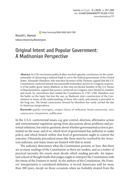 Original Intent and Popular Government: a Madisonian Perspective