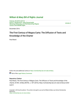 The First Century of Magna Carta: the Diffusion of Texts and Knowledge of the Charter